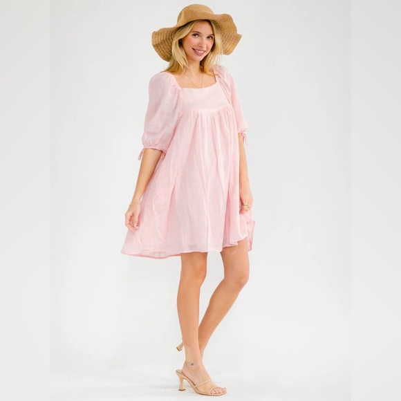 099 • Light Pink Babydoll Mini Dress | Bow Tie Puff Sleeves Cotton Summer Dress - Picture 5 of 6